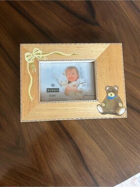 Burnes Wooden Picture Frame painted with Teddy Bear and Bow - Natural Wood
